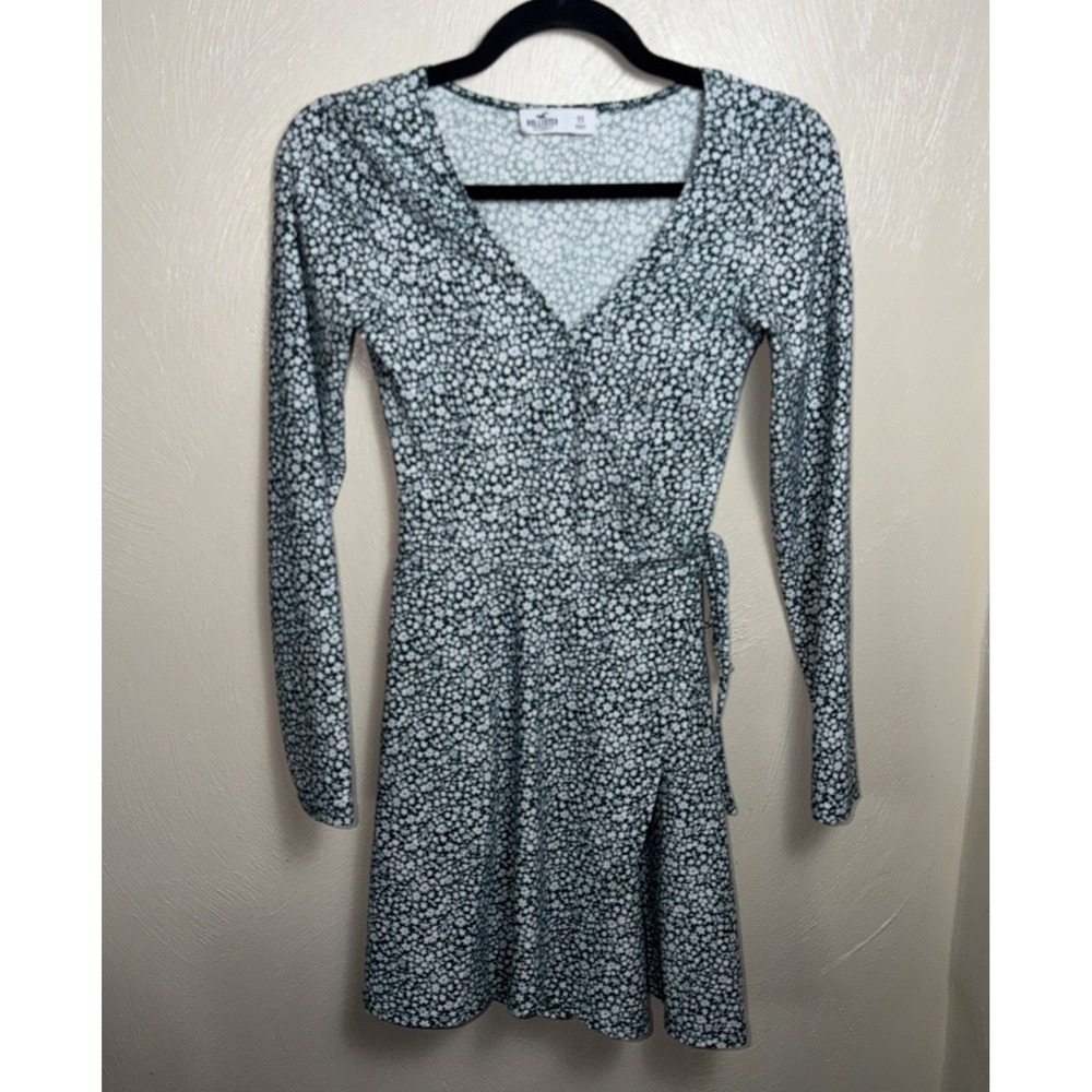 Hollister Faux Wrap Around Tie Green White‎ Daisy XS Dress Long Sleeve